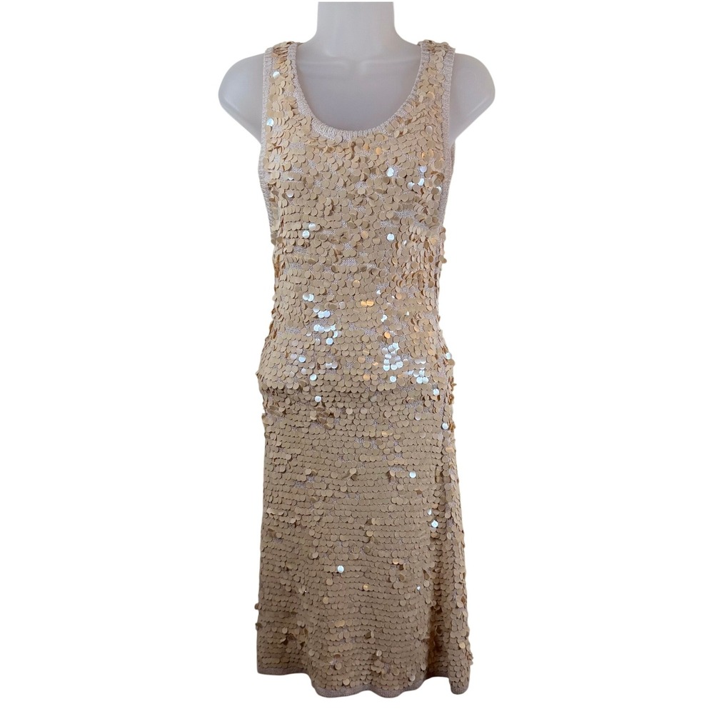 BCBG Paris Sequin Dress Women S Beige Silk Blend Sleeveless Paillette Glam Party